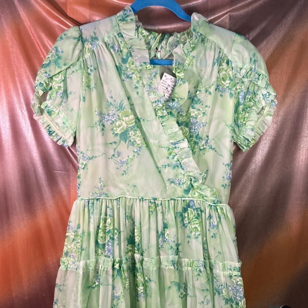 Vintage 1970’s green chiffon full skirt dress. 36” chest 28” waist 202